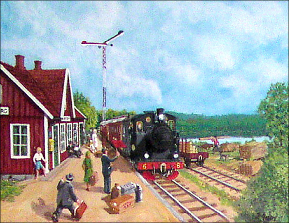 Målning med motiv från HBJ. Tavlan finns i Piksborgs gamla station.